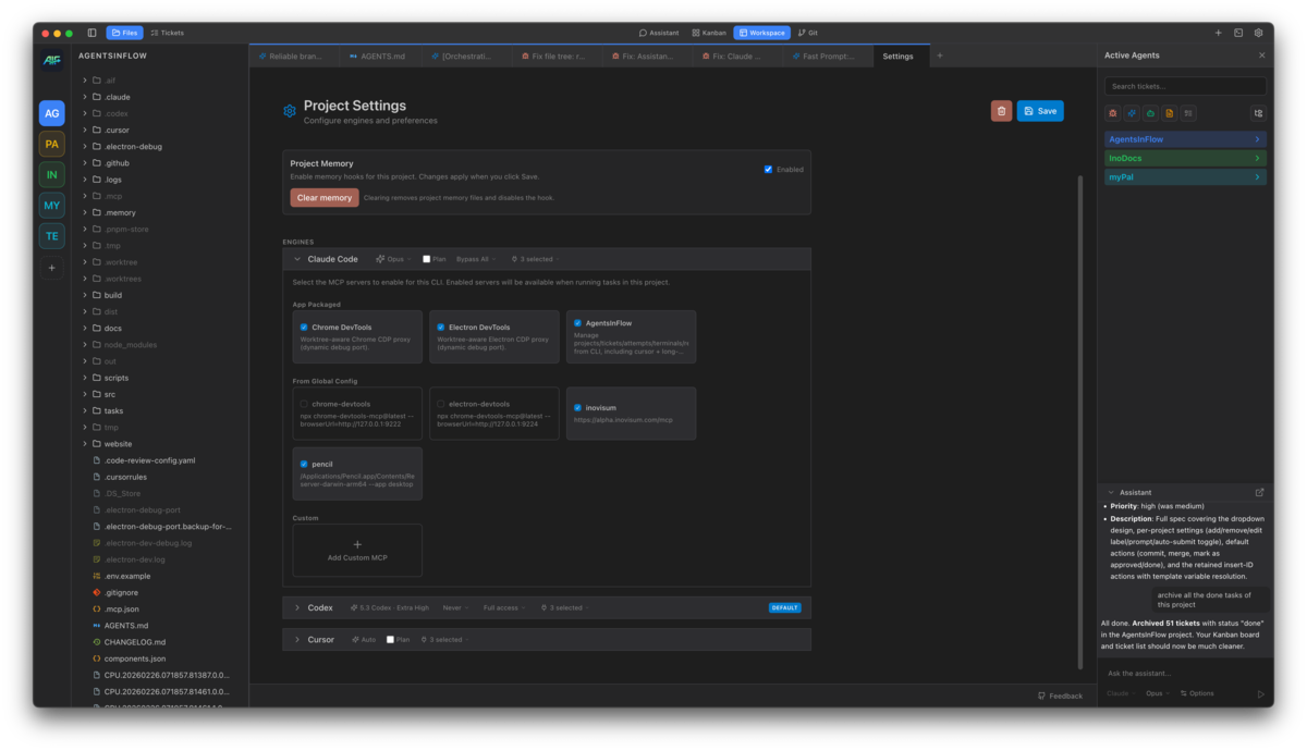 Claude Code, Codex, and Cursor engine configuration in AgentsInFlow