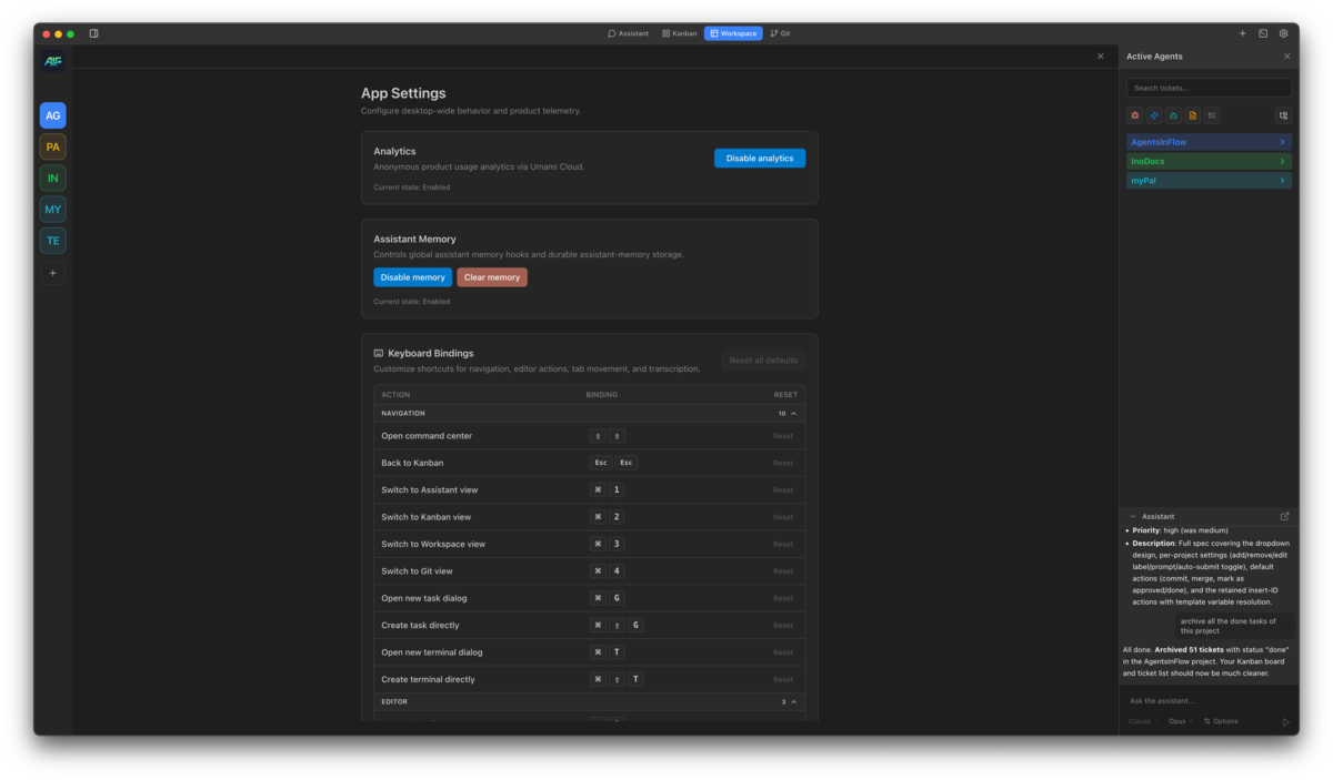 Project memory and keyboard shortcuts settings in AgentsInFlow