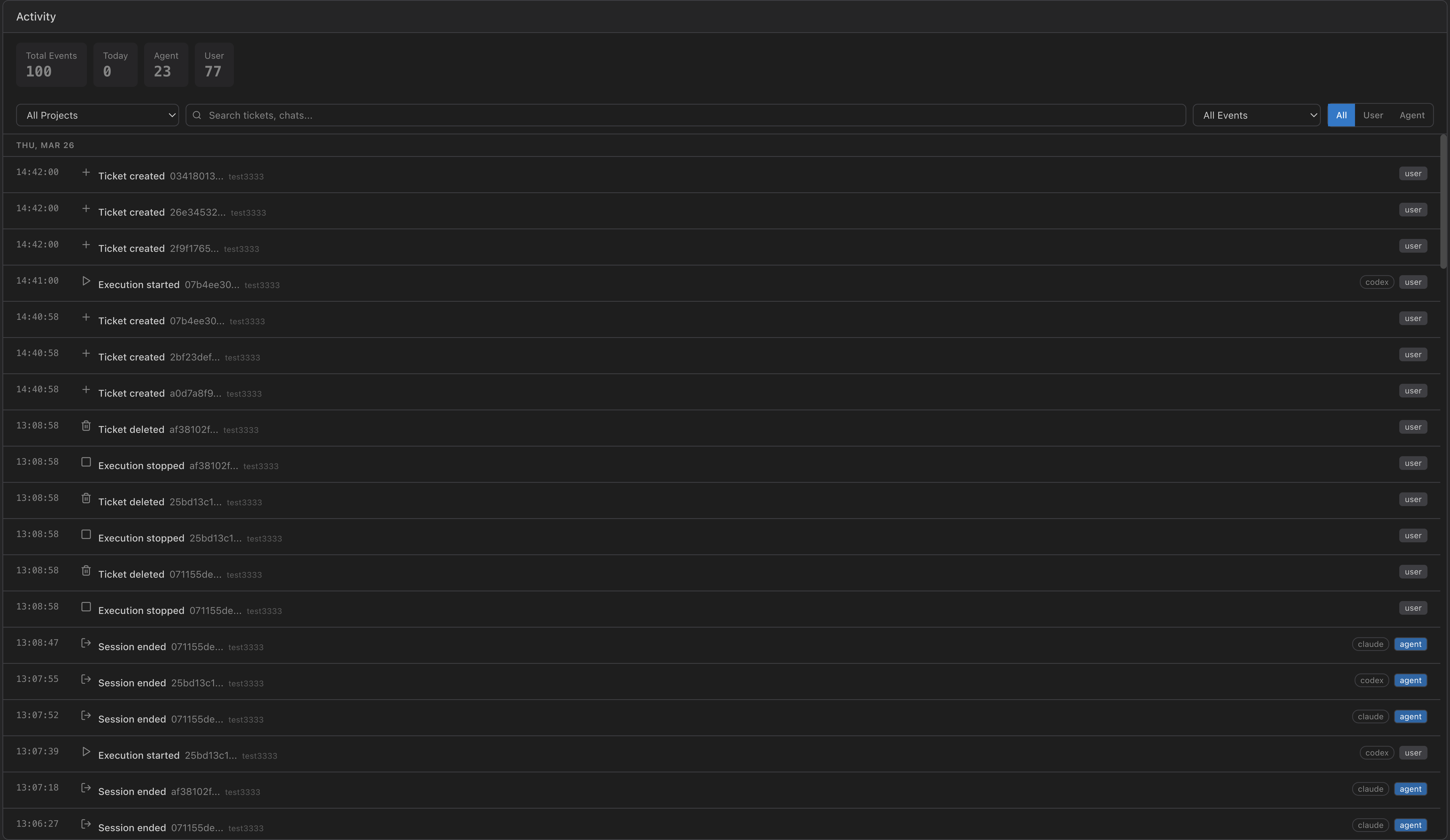 Activity log showing timestamped events from agents and system