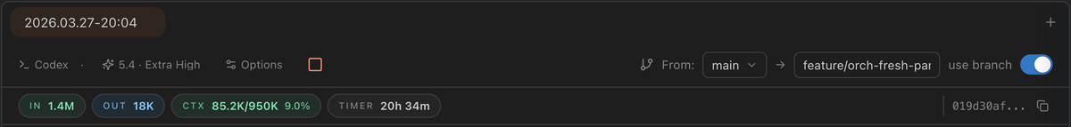 Execution config bar showing engine, model, branch config, and live token metrics