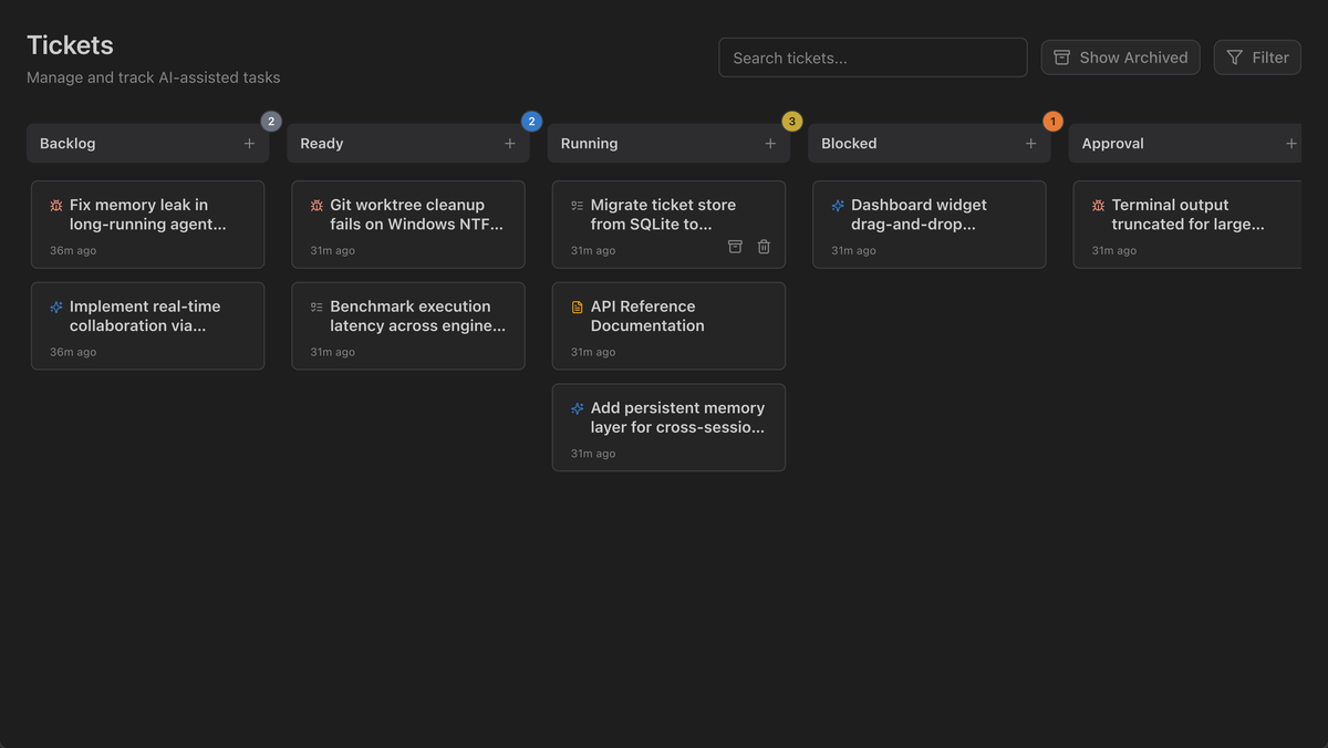 Kanban board showing tickets organized into status columns