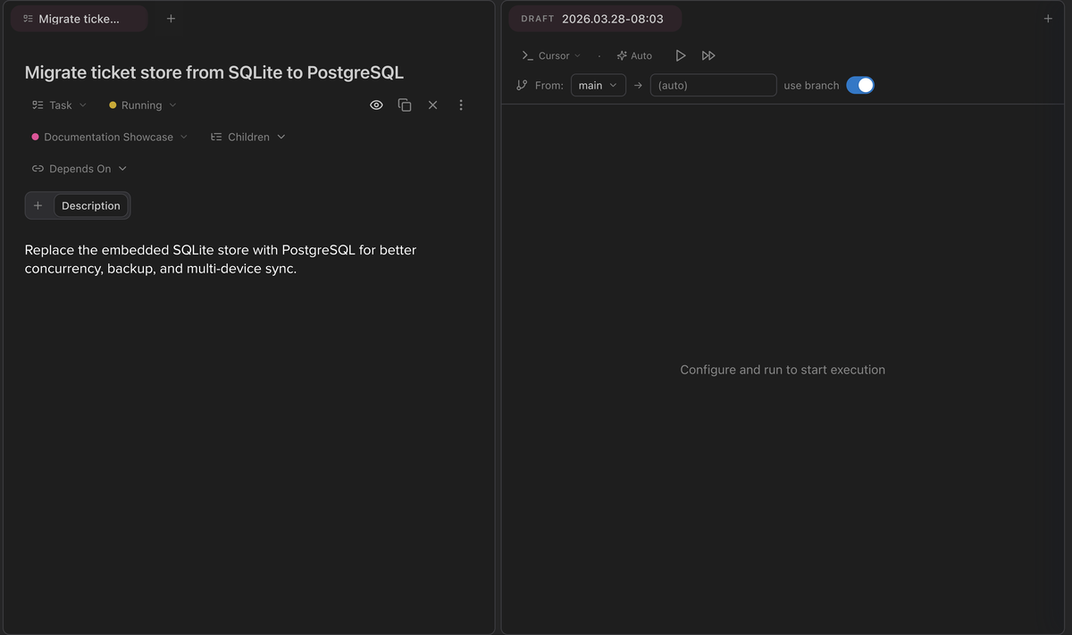 Ticket details panel showing title, description, and metadata